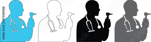 Doctor Profile Silhouette Holding Otoscope Medical Ear Examination Vector Set