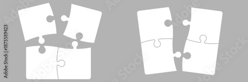Two minimal jigsaw puzzles with four square pieces arranged as partially connected blocks clean outline illustration representing business teamwork strategy problem solving and project development
