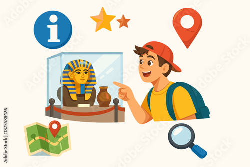 Curious young male exploring egyptian exhibit with map and guide icons