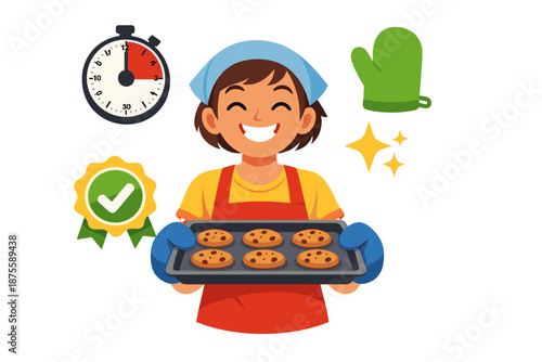 Happy hispanic female teen baking cookies with timer and oven mitt symbols