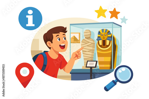 Young boy exploring ancient egyptian exhibit with enthusiasm