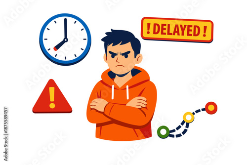 Frustrated young male with delay symbol and warning signs