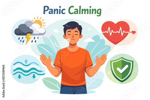 Young hispanic male practicing calm breathing techniques with relaxation icons