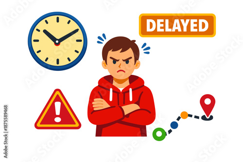 Angry young male cartoon character frustrated by delayed travel with clock and warning signs