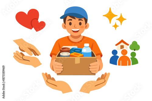 Young male volunteer with donation box surrounded by symbols of community and kindness