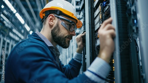 A man in a hard hat and safety glasses works on a server in a data center.
