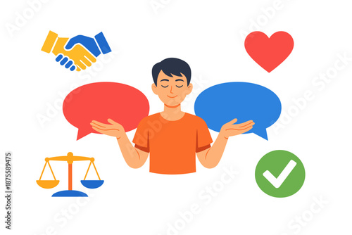 Young asian male embracing balance: communication, love, fairness, and agreement