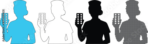 Female Nurse Silhouettes Holding Blister Pack of Pills for Medication Administration