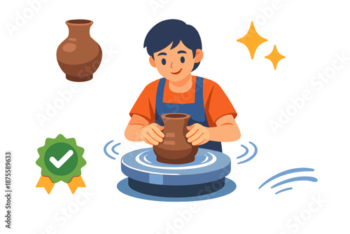 Young asian male potter creating clay vase on wheel