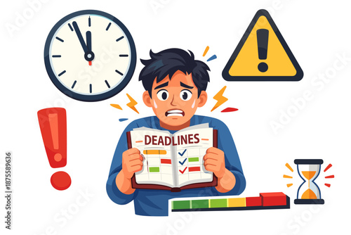 Stressed young asian male facing deadlines with alarm icons and clock