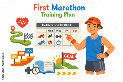 Young male marathon runner training plan with schedule and goal achievements