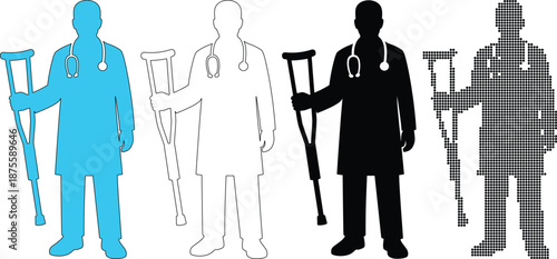 Doctor Silhouettes Set Holding Crutches for Patient Mobility and Rehabilitation