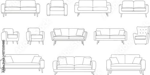 Sofa and armchair furniture set, modern living room seating, minimalist couch outline, interior home decor icons, cad drawing flat vector illustration