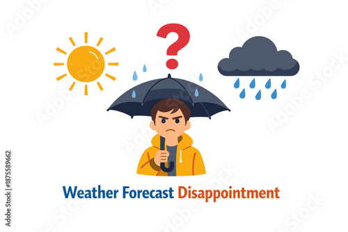 Confused young male in raincoat with sun and cloud symbols questioning weather forecast
