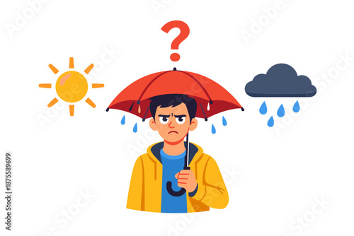Young male holding umbrella confused by sun and rain with question mark