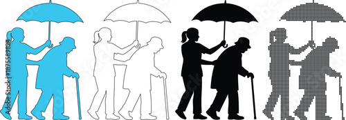 Caregiver Assisting Elderly Person with Umbrella in Rain Silhouette Set
