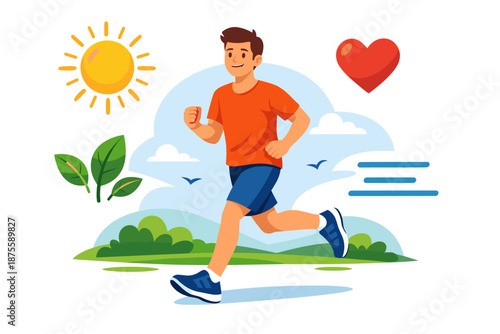 Young caucasian male running outdoors with nature and health symbols