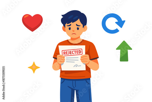 Sad teen male holding rejection letter among symbols