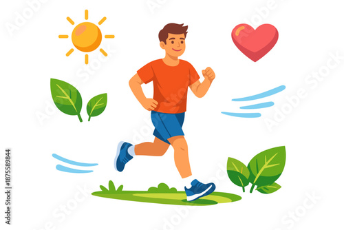 Young caucasian male jogging with nature illustrations
