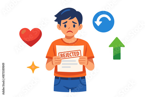 Sad young male holding rejected document with various symbols around