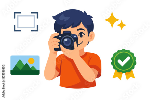 Young asian male photographer icon with camera and photography elements