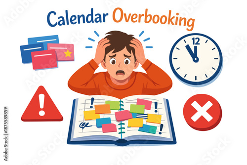 Frustrated young male managing overbooked schedule with colorful notes and alarms