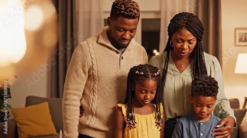 African American family praying together in the living room at night. Parents and children standing close with heads bowed in a moment of faith. Spiritual worship and unity concept