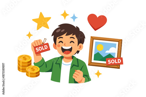 Young caucasian male celebrating art sale with coins and sold tag