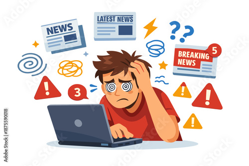Stressed young caucasian male at laptop surrounded by news and alerts