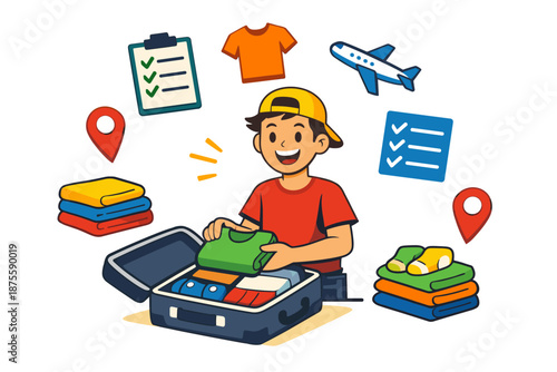 Young male packing clothes for travel with luggage and travel icons