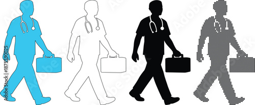Doctor Walking with Medical Emergency Kit Bag Silhouette Collection