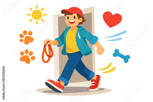 Happy young male cartoon dog walker with red cap and leash