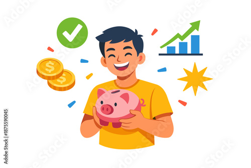 Asian male teen holding piggy bank with growth and savings icons