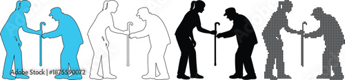 Nurse Assisting Elderly Man with Walking Stick Silhouette Set