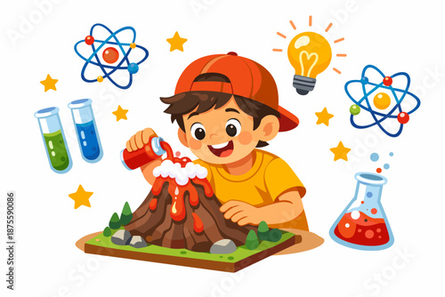 Excited child conducting chemistry experiment with model volcano and science icons