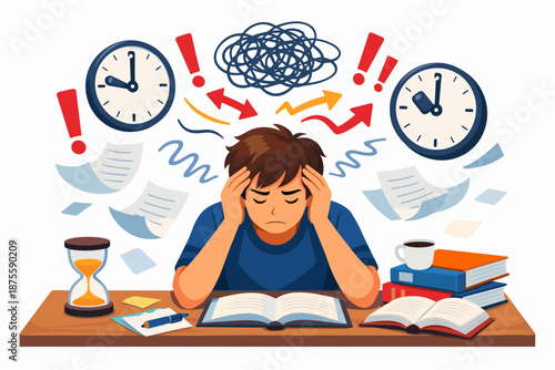 Stressed teen boy studying with clocks, papers, and books surrounding him