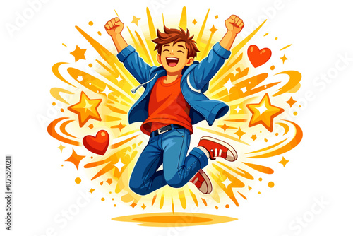 Joyful cartoon teen boy jumping with hearts and stars