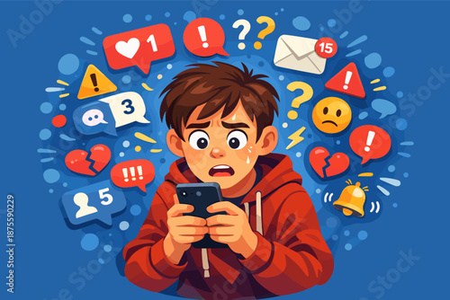 Teen boy anxious overwhelming social media alerts emojis notifications