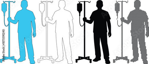 Medical Professional Silhouette Set Standing with IV Drip Pole in Four Distinct Graphic Styles