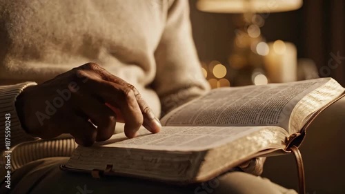 Close-up of an African American man reading the Bible at night. Hands tracing lines of scripture on an open holy book with warm lighting. Religious study and devotion concept