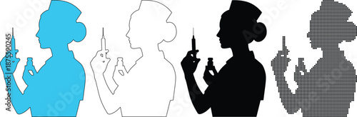 Nurse Preparing Injection Silhouette Set with Syringe and Vaccine Vial in Four Visual Styles