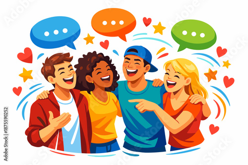 Diverse group of happy young friends laughing and chatting together
