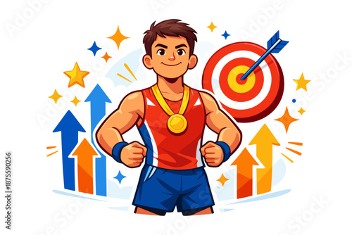 Determined young male athlete with target and arrows overcoming challenges