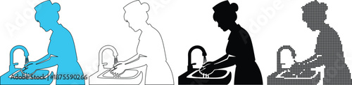 Nurse Washing Hands Silhouette Icons Representing Hygiene and Sanitization in Four Graphic Styles