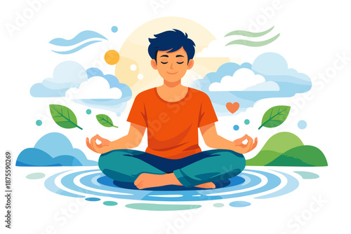 Asian young male meditating outdoors in nature