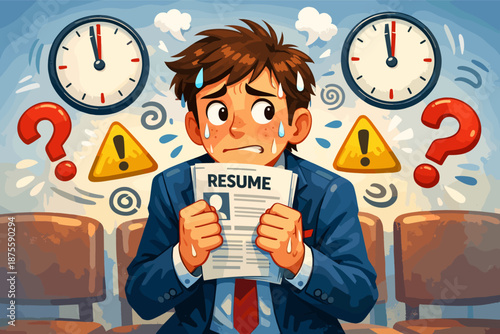 Anxious young caucasian male sitting with resume in waiting room before job interview