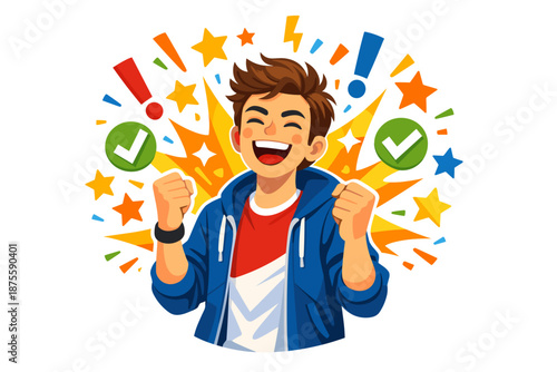 Celebrating teen boy with checkmarks and stars in colorful burst