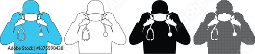 Doctor Silhouette Set Putting on Surgical Mask with Stethoscope in Four Graphic Variations