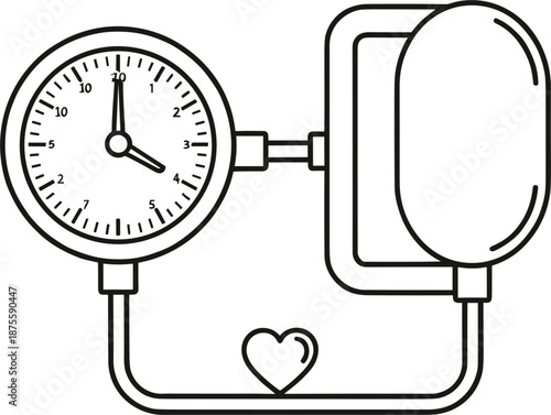 Thin line art icon of a manual blood pressure monitor sphygmomanometer for medical and cardiovascular health concepts.