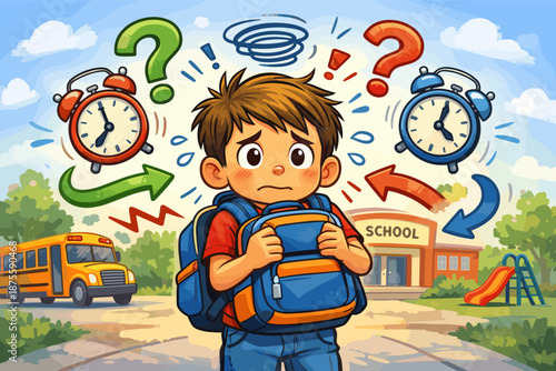 Confused young boy at school with backpacks and clocks, facing decision dilemma
